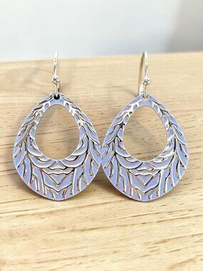 Blue Feather Teardrop Drop Earrings | Silver Tone